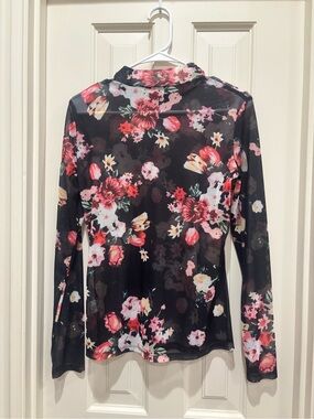 Black Floral Long-Sleeve Mesh Top